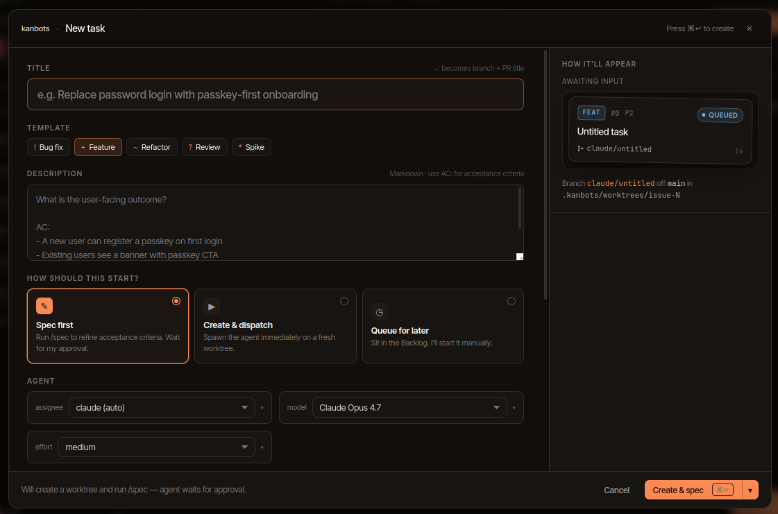 New task modal
